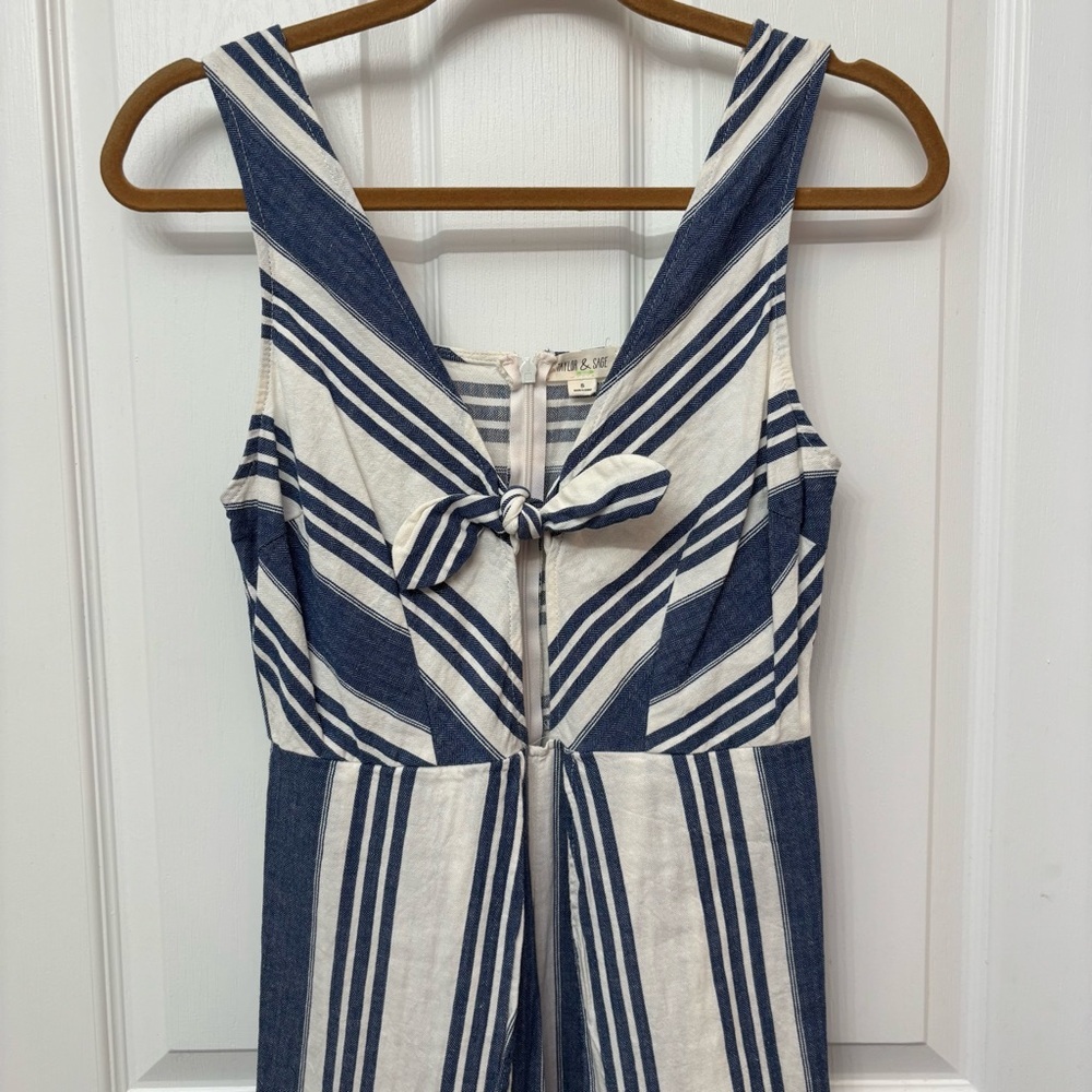 Blue Linen-Blend Striped Wide Leg Jumpsuit | Taylor & Sage S - Picture 3 of 11